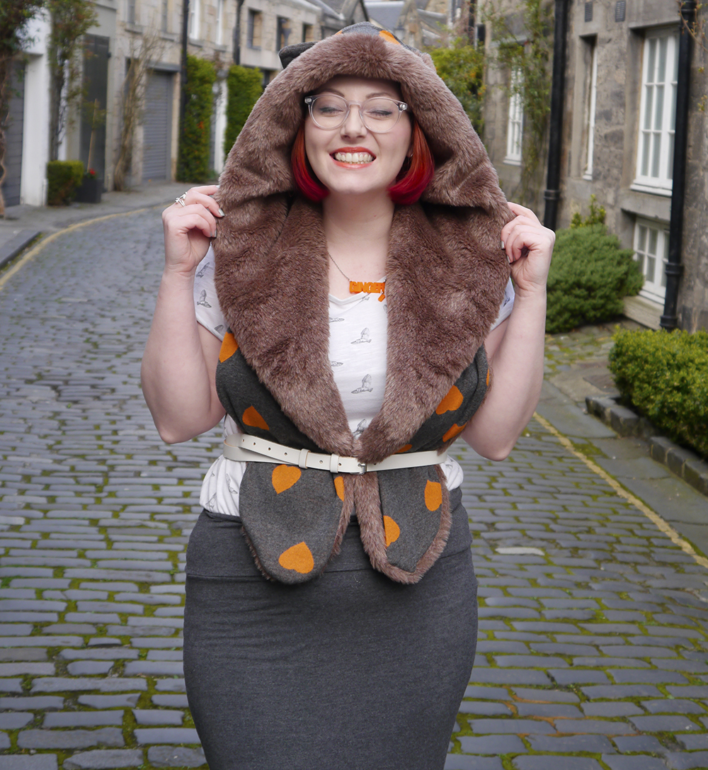 Styled by Helen: Chouchou Styled by Helen, Scottish blogger, Scottish fashion blogger, red head, Chouchou, Chouchou Couture, fashion hood, hood scarf, kitty hood, kitty ears, faux fur, love heart print, pops of orange, bonnie bling, ginger, giner necklace, casual day look, casual everyday style, Edinburgh, Stockbridge Edinburgh, Edinburgh blogger, independent designer