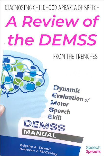Diagnosing Childhood Apraxia of Speech: A Review of the DEMSS Diagnosing childhood apraxia of speech (CAS) in young children can be tricky- the DEMSS is a new tool to assess for CAS and help SLPs plan speech therapy treatment for childhood apraxia of speech. Read this post to find out why every SLP needs this in their toolkit. #speechsprouts #apraxia #speechtherapy #speechandlanguage
