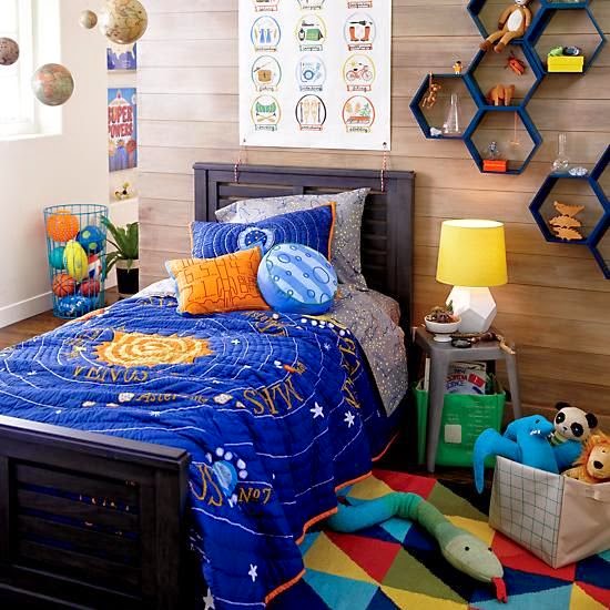 Land of Nod boys bedroom with All Systems Go bedding 