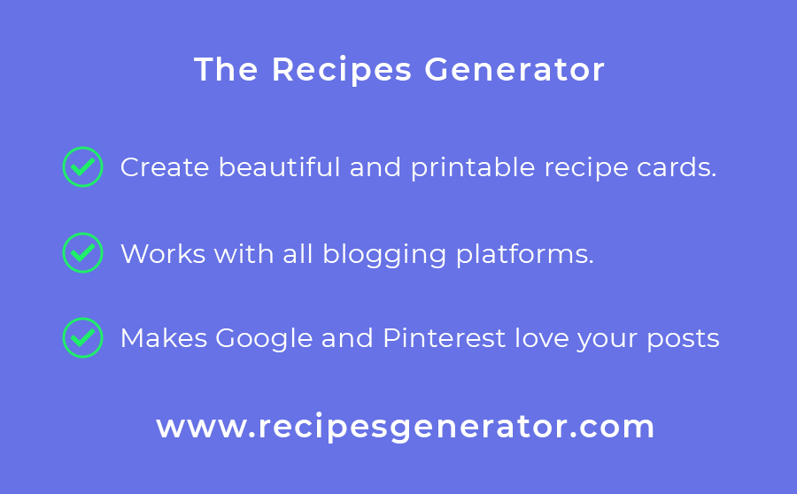 Create beautiful and printable recipe cards for your recipes. It works with Blogger, SquareSpace, Wiz, Wordpress, and any other platform you could think of. The best recipe plugin for Blogspot and Squarespace. Use this tool to add a printable recipe card for Blogger.