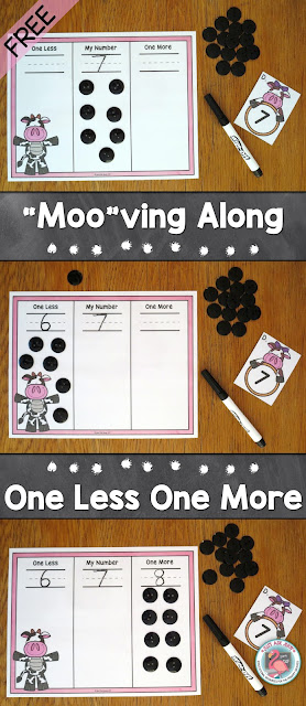 This versatile kindergarten math resource with a cow theme can be used to teach, practice, or review the concept of one less and one more than a given quantity or number.