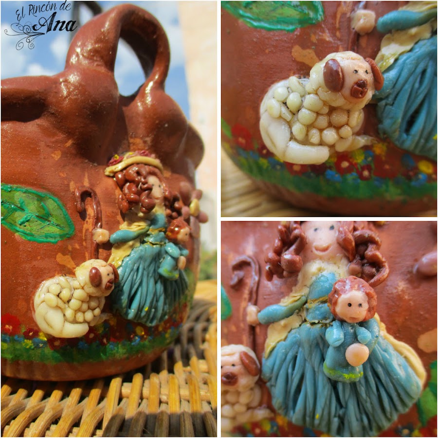 Divina pastora hecha con porcelana fría aplicada sobre una maceta