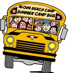 Aloha Beach Camp bus graphic cartoon with bus driver and campers inside.