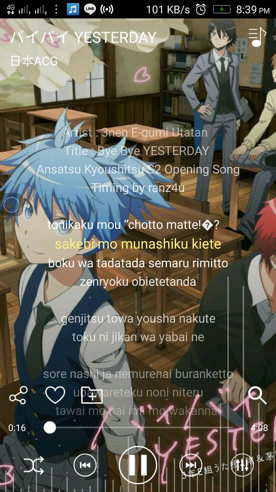 Lirik Lagu Bye Bye Yesterday Ansatsu Kyoushitsu S2