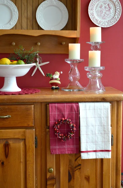 Kitchen counter Christmas decorations and towels