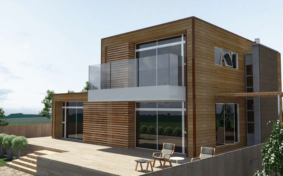 Ide Model Desain Rumah Kontemporer 2 Lantai dengan Material Dinding Kayu dan Kaca