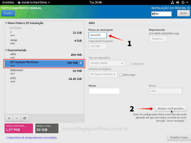 Selecione a partição "EFI System Partition" e defina o ponto de montagem como /boot/efi Selecione a partição "EFI System Partition" e defina o ponto de montagem como /boot/efi