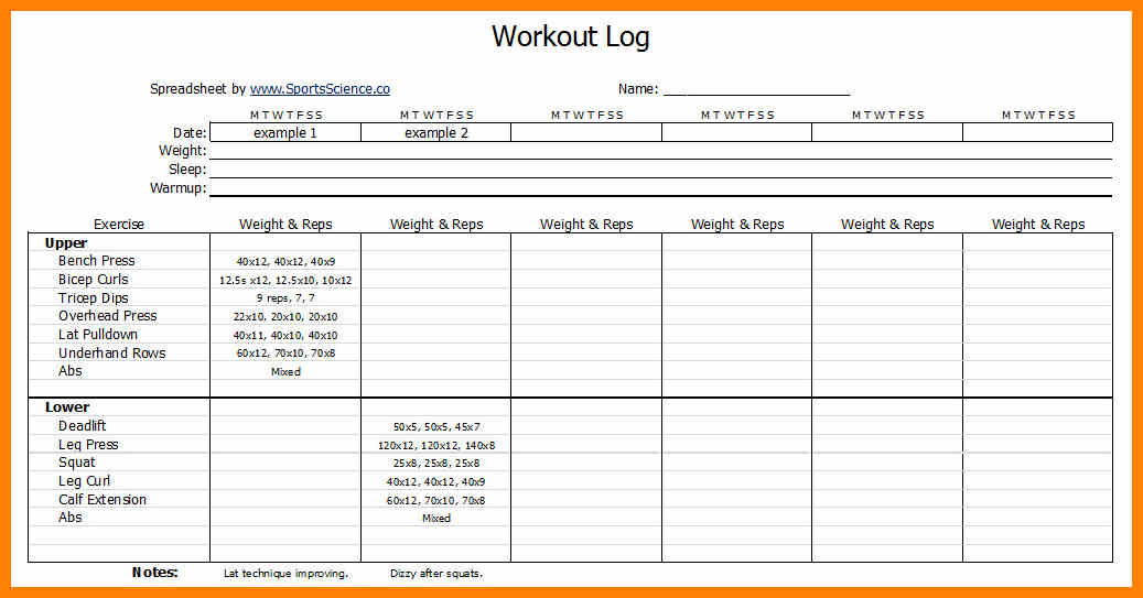 Workouts log templates printable in PDF