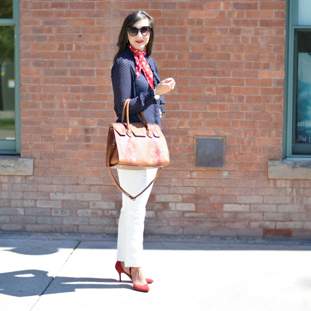 White Ankle Pants and Navy Polka Dot Blouse Teacher Outfit