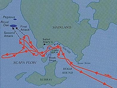 WW2 Battle of Atlantic - Route taken by U-47 into Scapa Flow to attack and out again