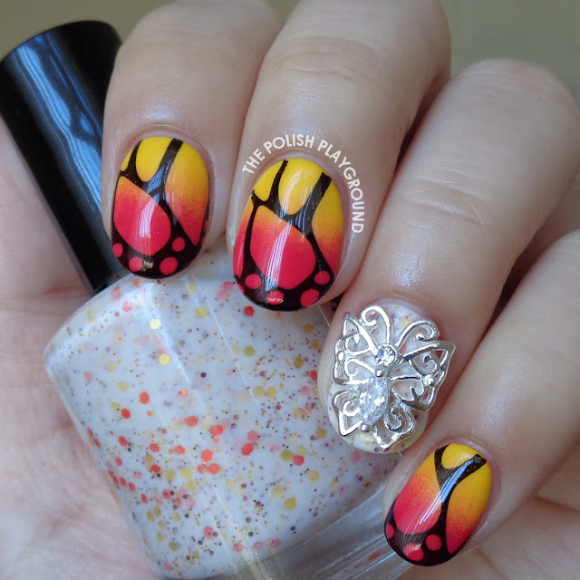 Yellow and Red Gradient Butterfly Wings Stamping Nail Art