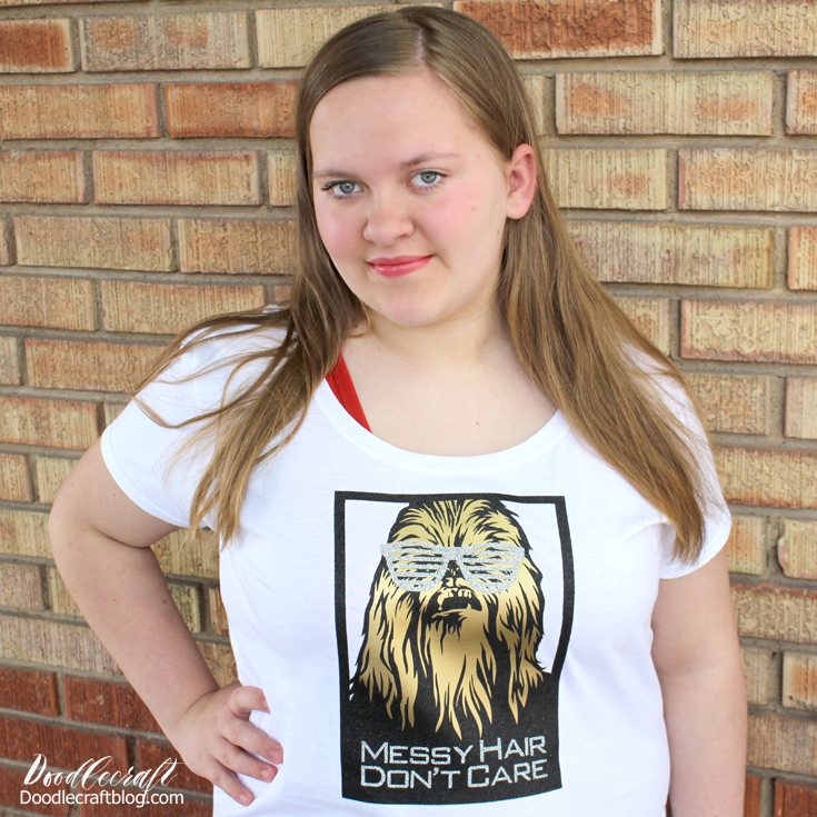 Darling girl wearing DIY shirt made with glitter iron on vinyl and cricut explore air 2 with Chewbacca from star wars