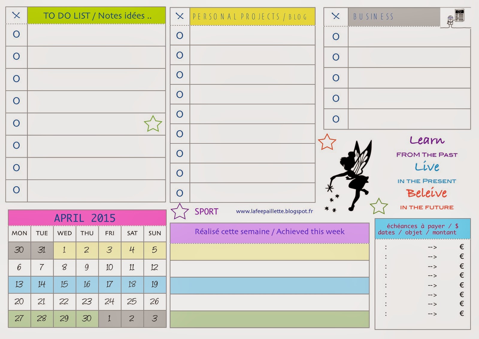 Les Astuces de Fée Paillette Planning Avril 2015
