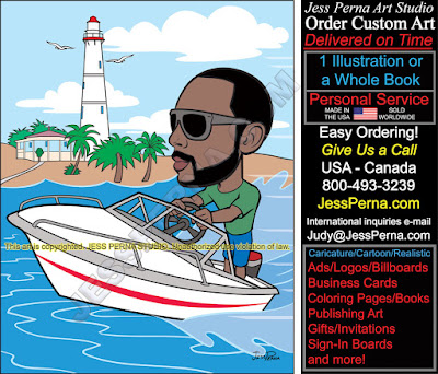 Cartoon Man Speed Boat Custom Drawn Ad
