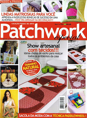 Patchwork, caminho de mesa patchwork, almofadas patchwork, bolsa patchwork, Caminho de mesa Círculos e flores, Almofadas com patchwork foundation As matrioskas, Bolsa em patchwork As casas dos passarinhos, rabalhos publicados por Maria Adna na revista Patchwork nº 3 - Editora Julho Editorial 