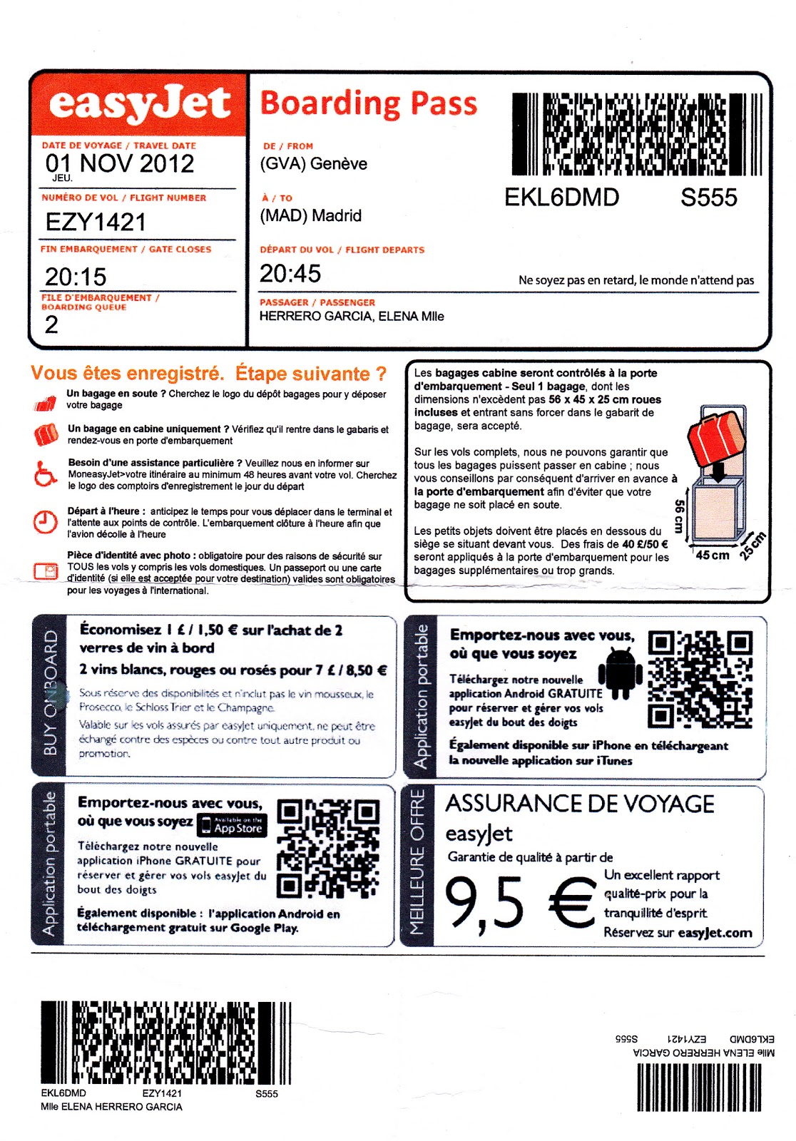 The traveler's drawer EASYJET. Boarding Pass for the flight EZY1421