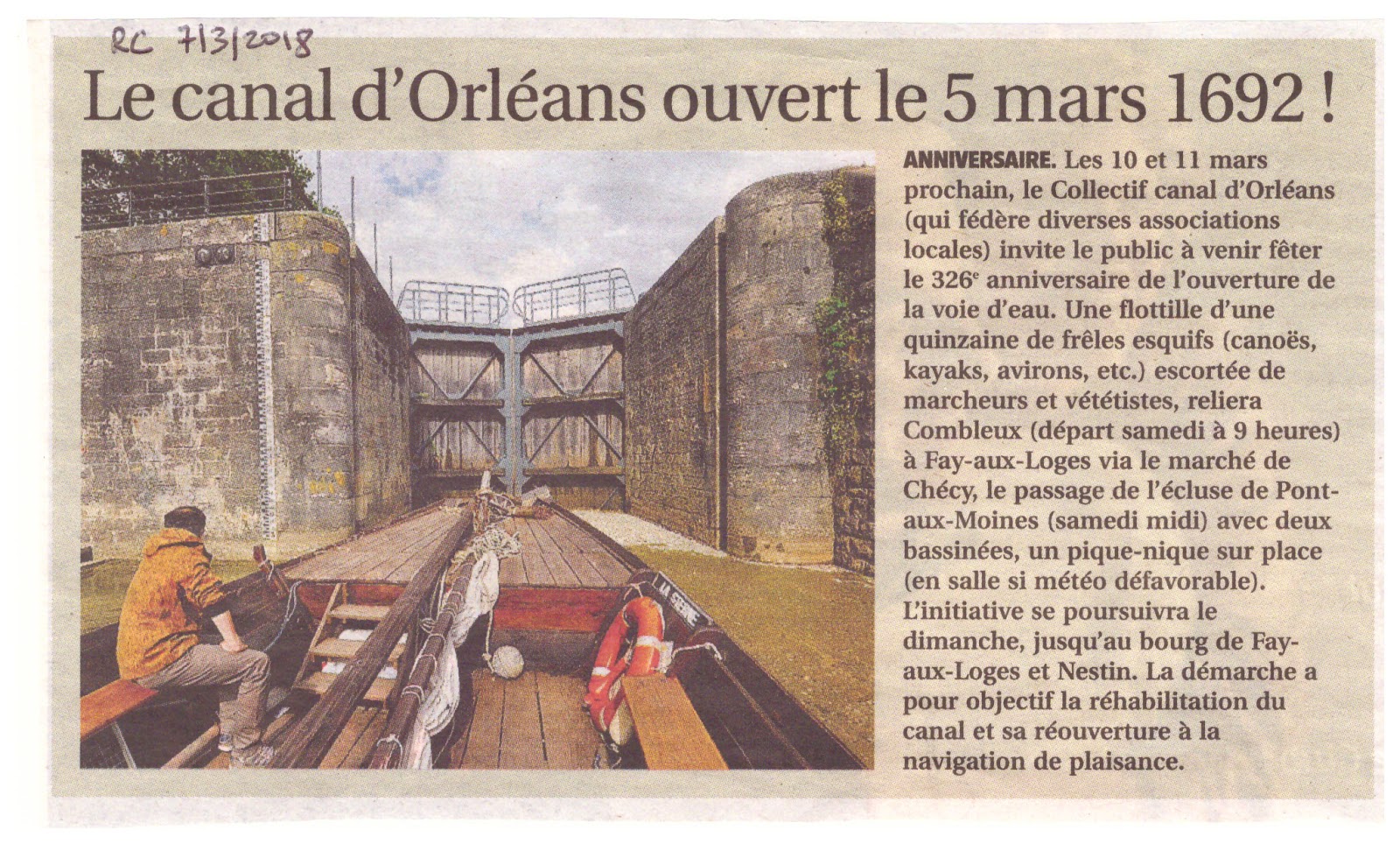 Le Canal d'Orléans Le canal d'Orléans ouvert le 5 mars 1692