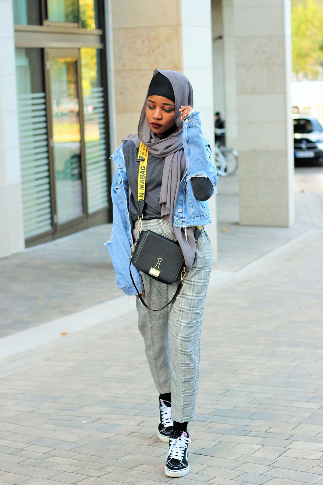 jean jacket with plaid pants