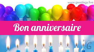 Happy birthday in  French Bon anniversaire, all colour balloons, ignited candles on background HD Image 