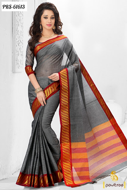 Shop Casual Wear Grey Color Pure Silk Trditional Saree Online Shopping with Cheapest Cost Rate Prices at Pavitraa.in