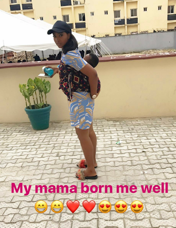 unnamed "Na so my Mama sef carry me with pride" - says Lilian Esoro as she shares photo of herself 'backing' her child