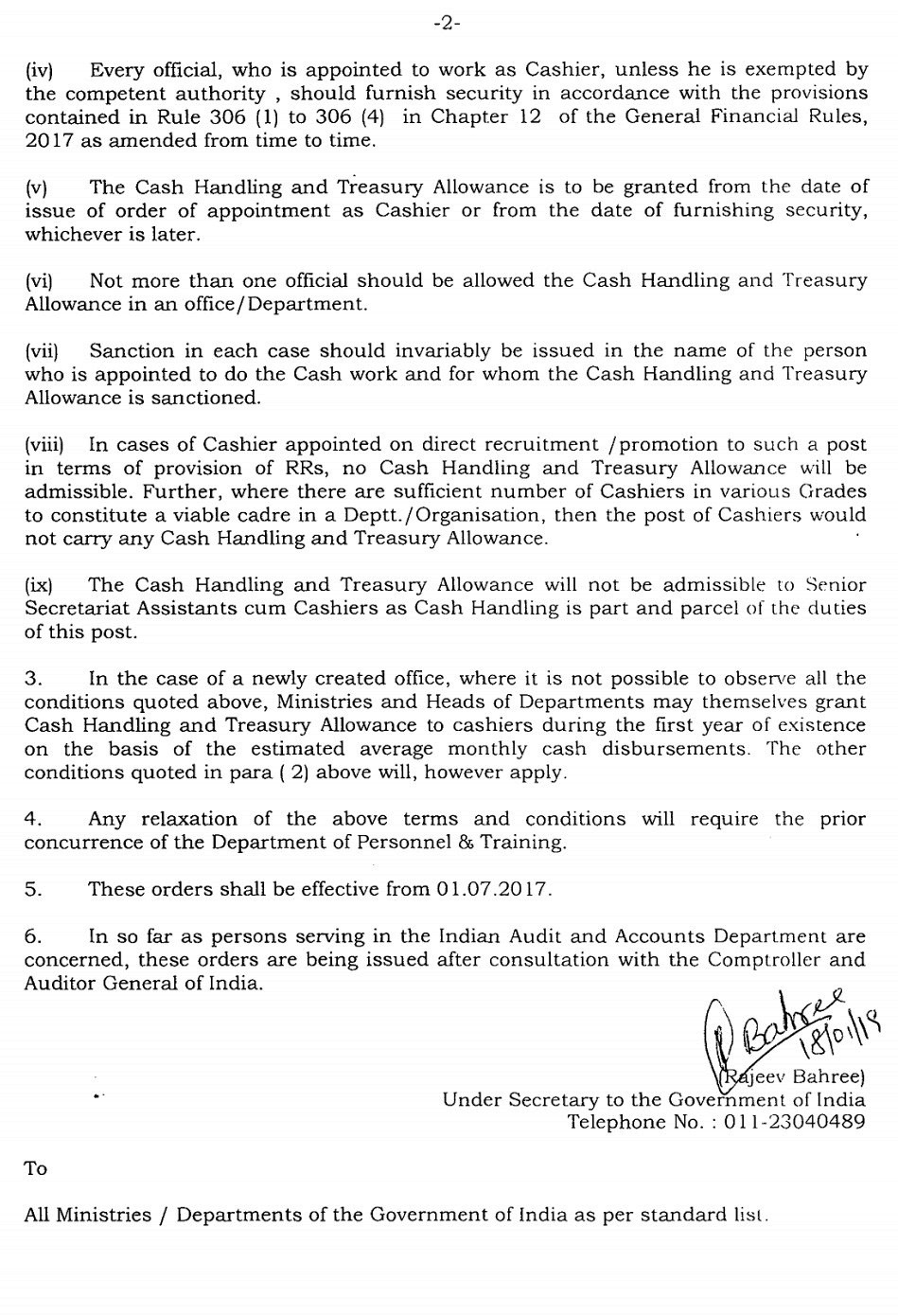 CASH HANDLING AND TREASURY ALLOWANCE [7th CPC]