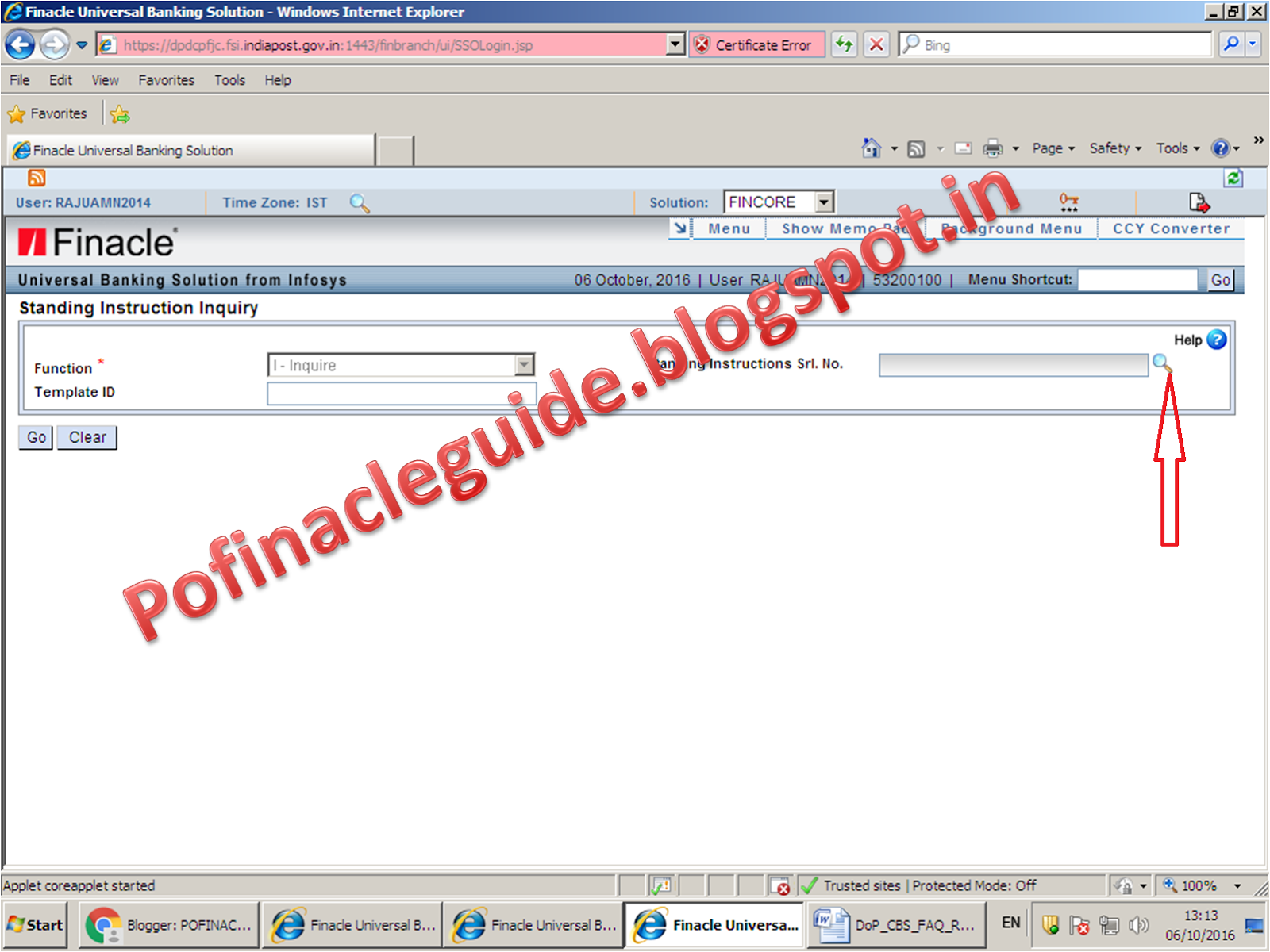 Procedure to inquire standing instruction number for RD account in DOP