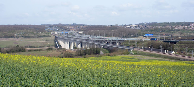 The M2 over a field of Oilseed Rape, Brassica napus.  Nashenden Down Nature Reserve, 14 April 2012.