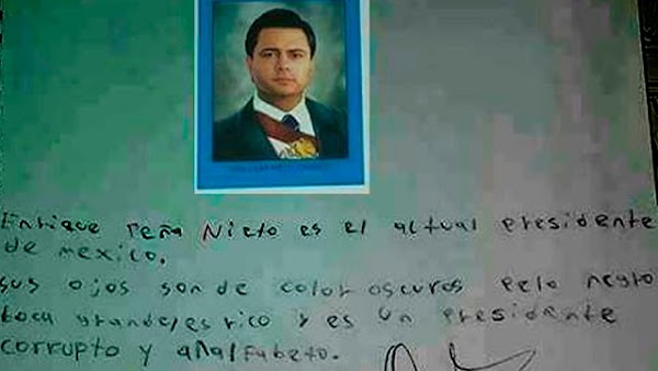 Alumno de primaria se mofa de Peña Nieto, en tarea escolar. "Lo describe como corrupto y analfabeto".