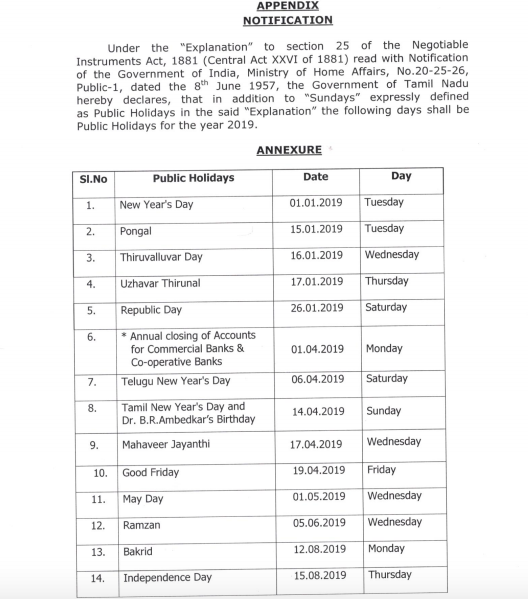 Tamil Nadu Bank Holidays Under NI Act 2019 (Negotiable Instrument Act)