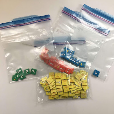Photo of the baggies I use to organize the Sum of Which game pieces