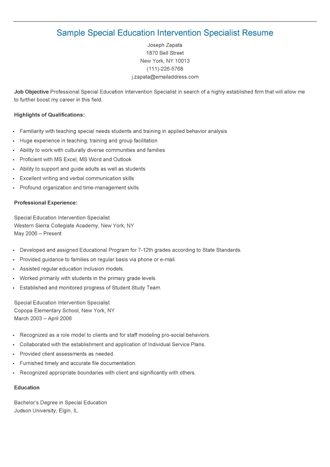 Resume Samples Sample Special Education Intervention