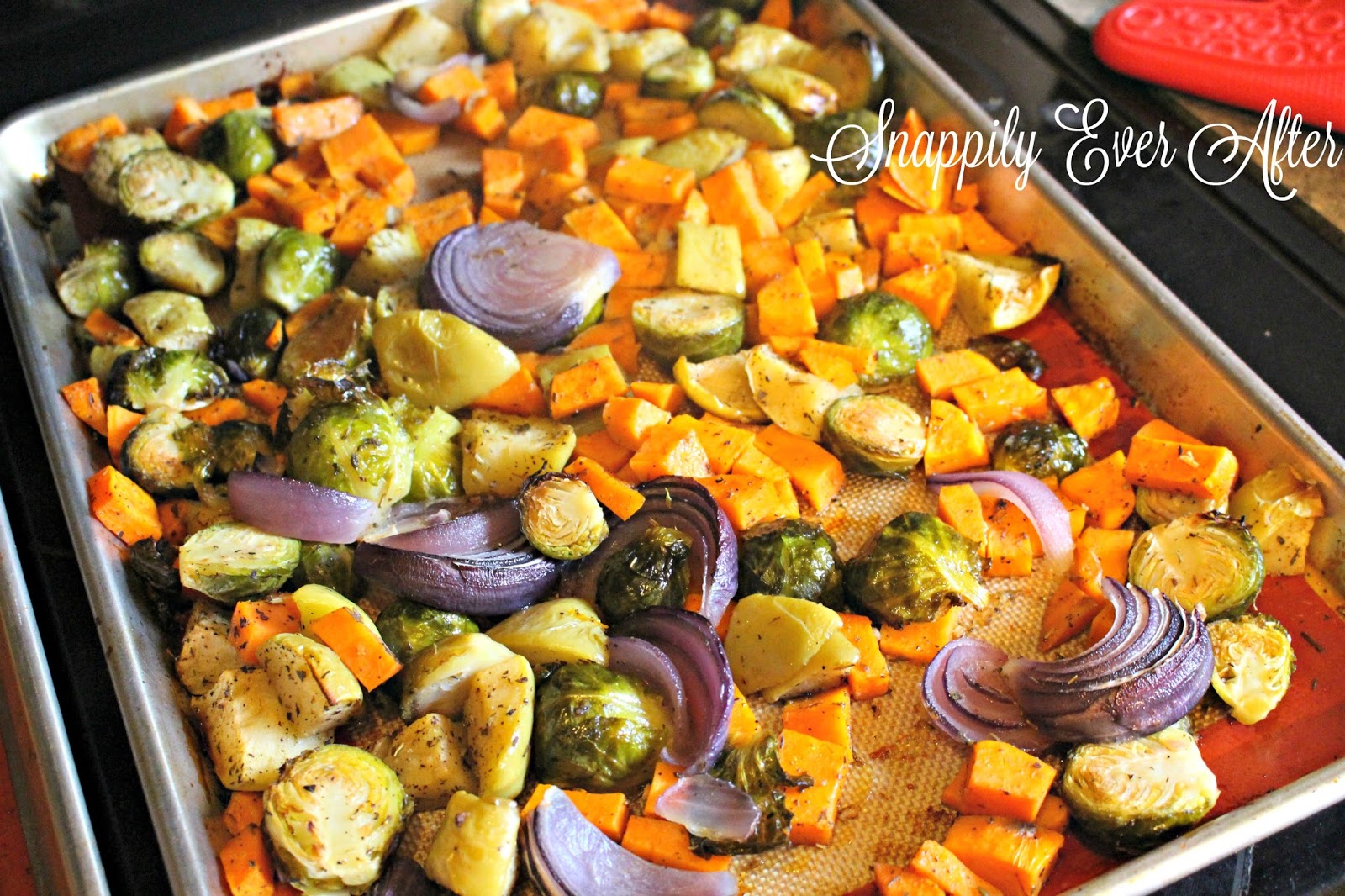 Snappily Ever After Chicken, Sweet Potato and Brussels Sprouts Sheet Pan Supper