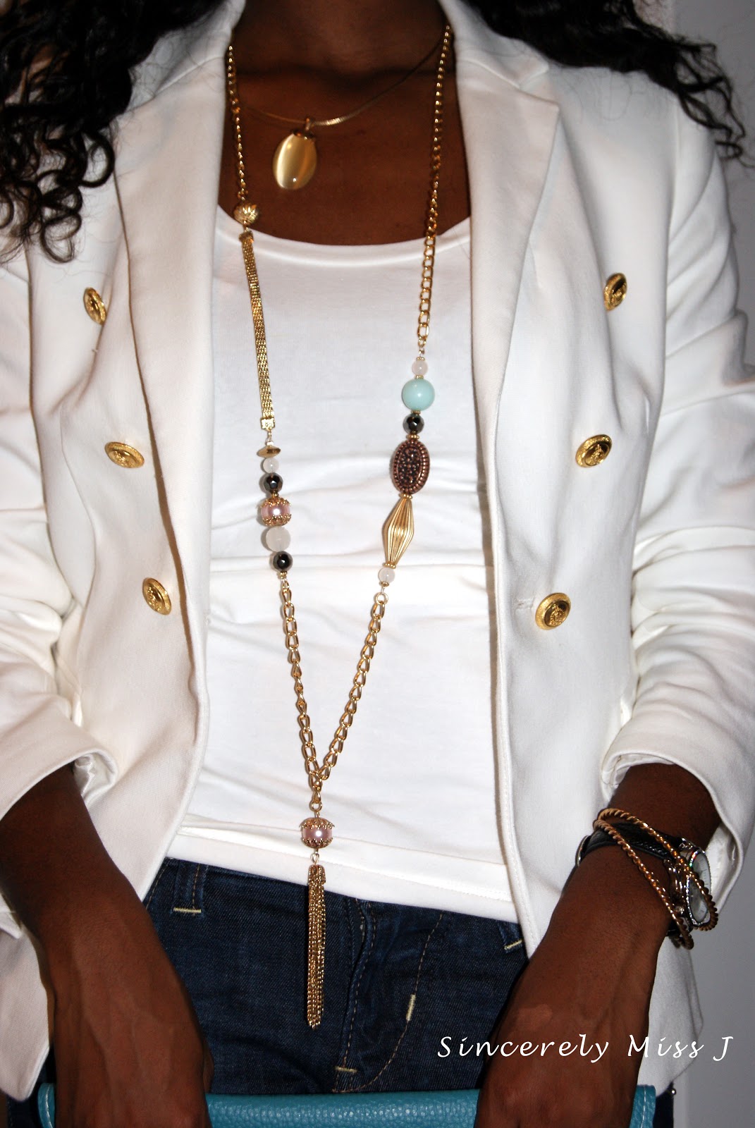 Blazer: Zara, Necklaces: short necklace: Le chateau, long necklace: dynamite, Jeans: warehouse sale ( Miss Sixty Jeans), clutch: store in downtown Toronto