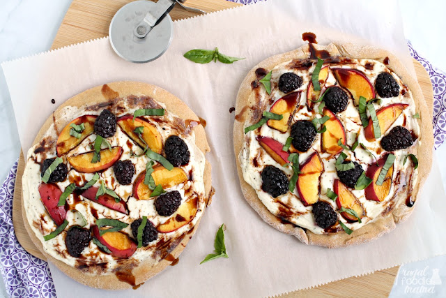 Topped with creamy ricotta & mascarpone cheeses, juicy peaches, & sweet blackberries, these sweet & savory personal sized pizzas are perfect for summertime.