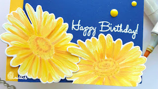 Hero Arts Daisy stamp Stamp and cut, Copic markers, Copic colouring flowers, Daisy colored with copics, Navy blue and yellow card, cards by Ishani, CAS card, Quillish, Birthday card, floral card