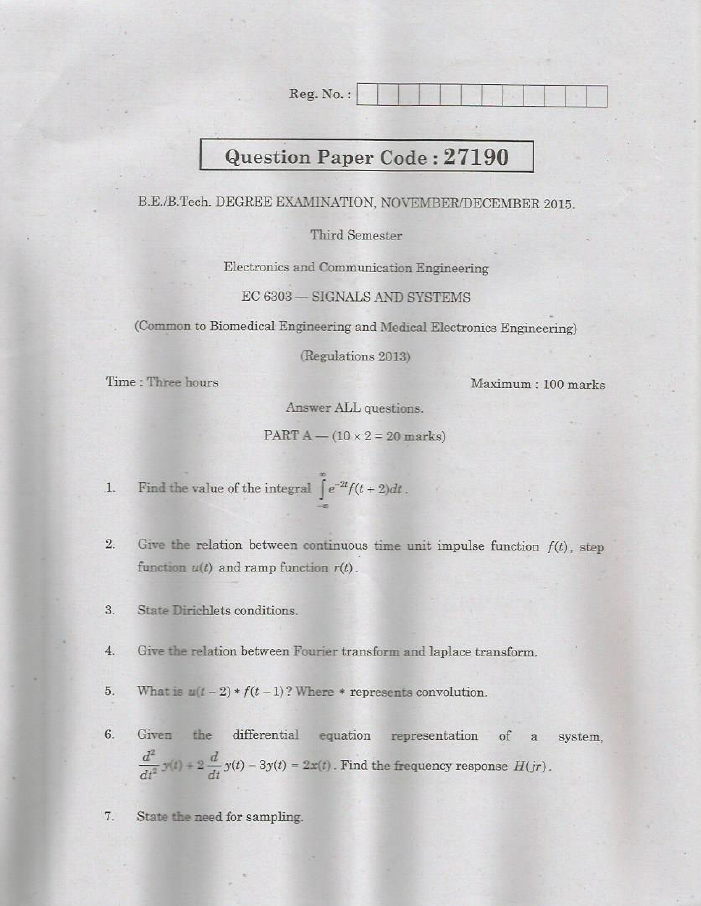 EC6303 Signals and Systems Nov Dec 2015 Question Paper University