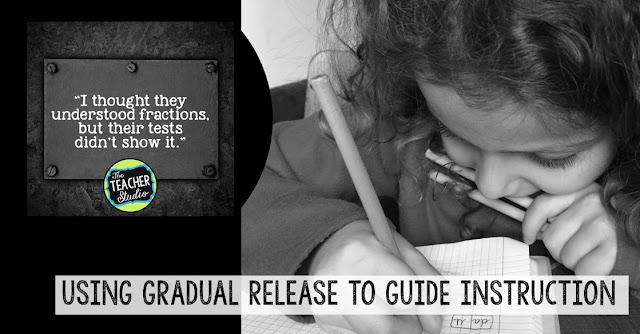 Teaching fractions is challenging--but if we use a gradual release of instruction method we have the best chance of deep fraction understanding. Perfect for third grade fractions, fourth grade fractions, fifth grade fractions, fraction unit, fraction lessons, fraction activities