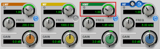 Pro Tools EQ 3 4-Band showing the low mid, mid, high mid, high frequency filters.
