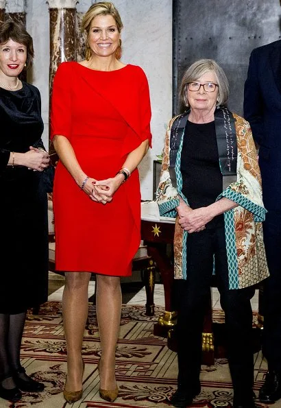 Queen Máxima, Princess Beatrix and Barbara Ehrenreich attended 2018 Erasmus Prize ceremony. Queen Maxima wore Natan red silk ruffled dress