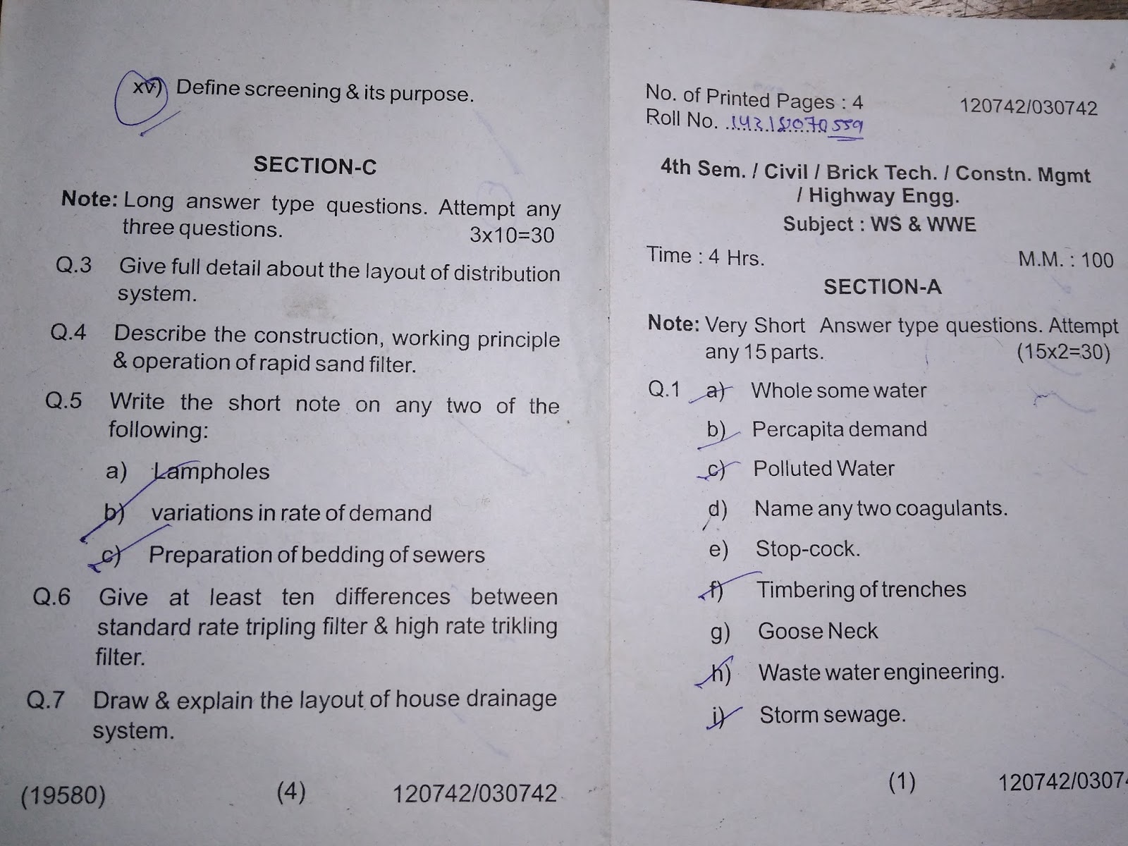 Water supply Question Paper For Civil Civil Engineering Hindi Me
