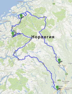 карта маршрута по Норвегии, точками обозначены места ночевки