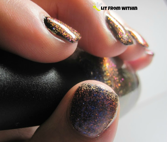 A true chameleon color-changing polish, it turns reddish/gold with green.