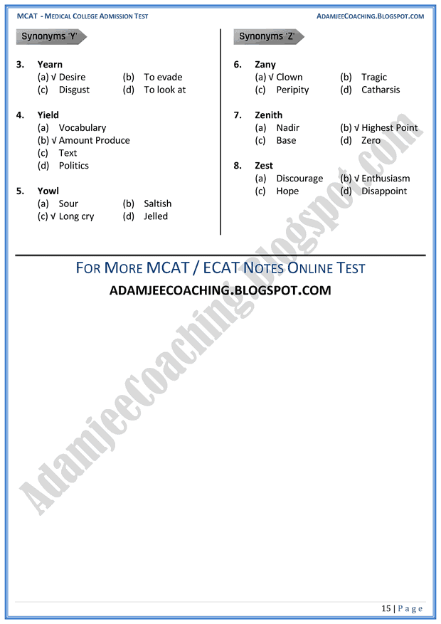 Adamjee Coaching MCAT English [Synonyms] Mcqs for Medical Entry Test
