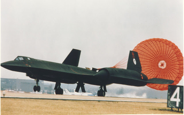 SR-71B with landing with shute deployed.
