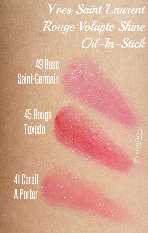 Swatches of 41 Corail A Porter, 45 Rouge Tuxedo and 49 Rose Saint-Germain