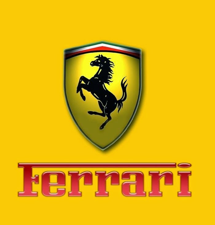 Gambar lambang logo kereta Ferrari menggunakan imej seekor kuda berdiri dengan latar belakang berwarna kuning.