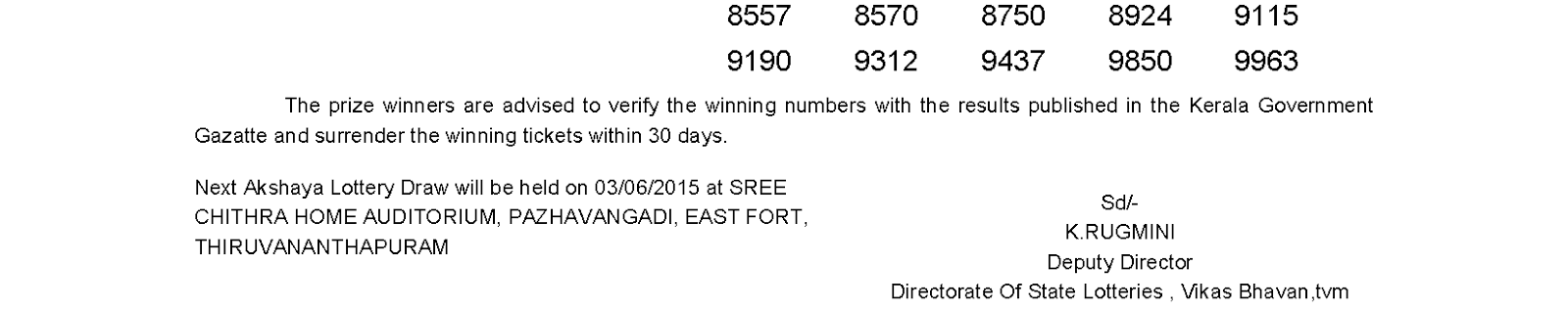 Akshaya Lottery AK 191 Result 27-5-2015