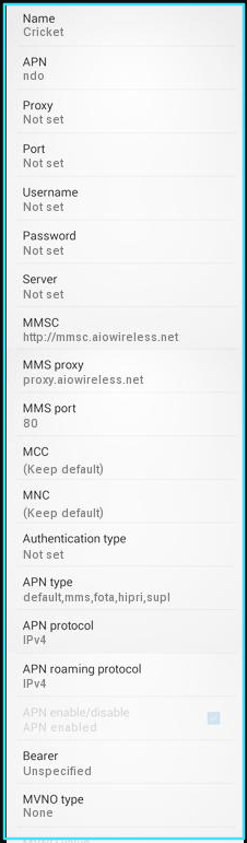 Cricket APN Settings android for updated