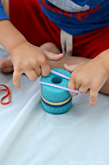 Fine motor activity for kids using pool noodles and rubber bands